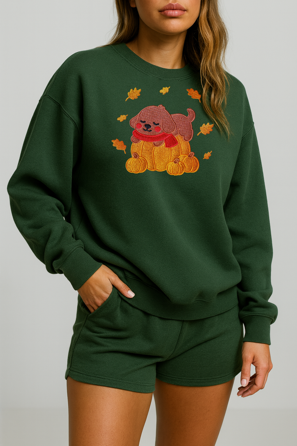 Cozy Fall Pumpkin Dog Embroidered Forest Green Sweatshirt, Aesthetic Fleece