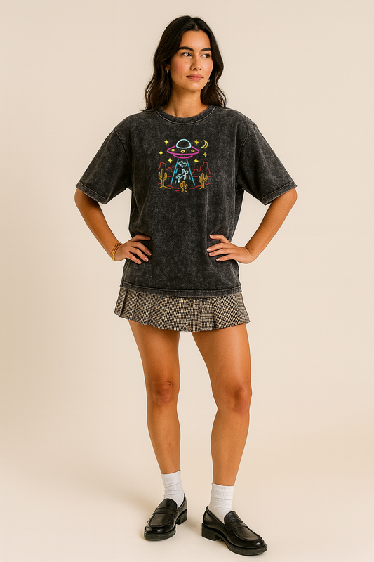 Unisex UFO Alien Abduction Embroidered Y2K Oversized T-Shirt 100% Cotton Acid-Wash Black