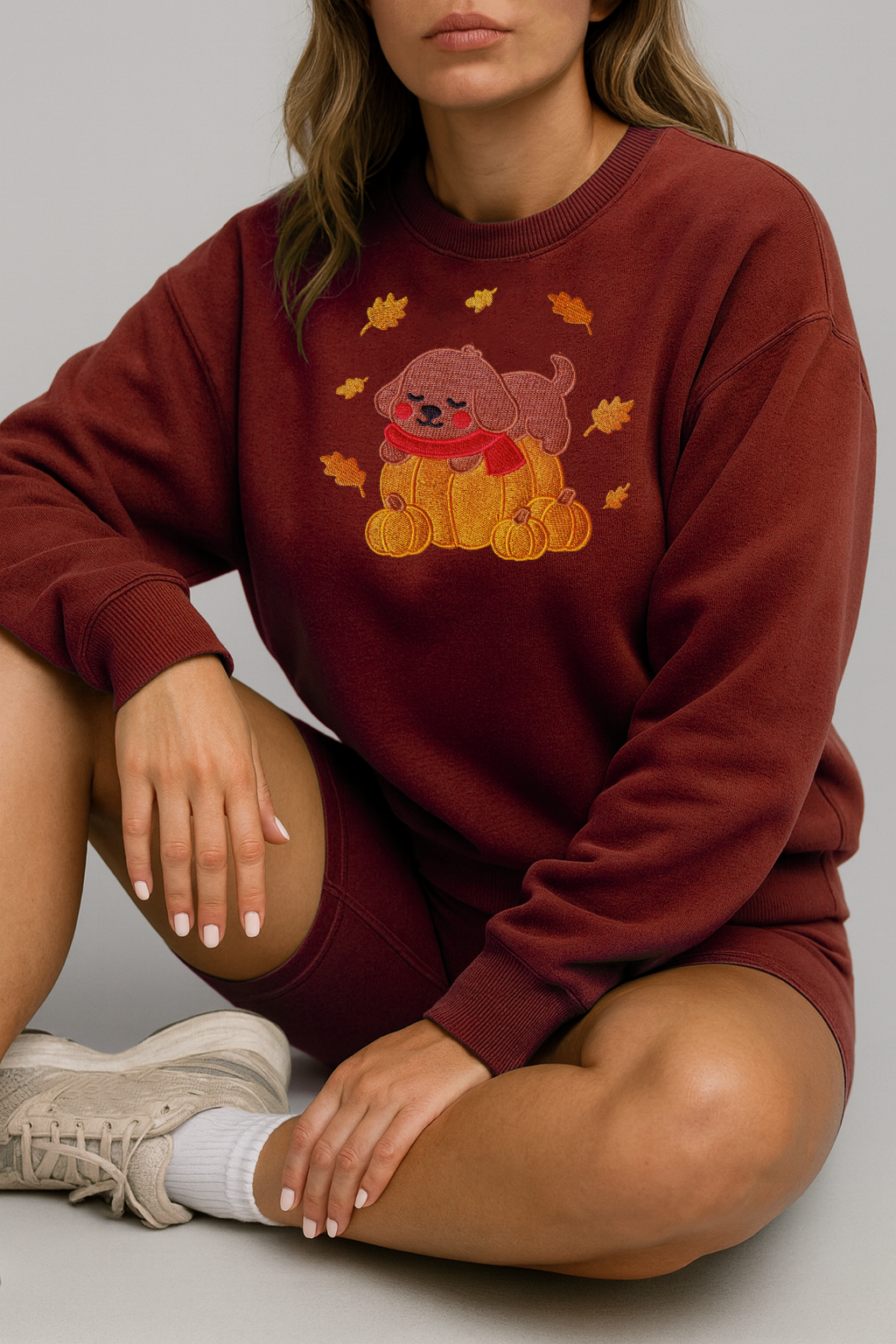 Cozy Fall Pumpkin Dog Embroidered Maroon Sweatshirt, Aesthetic Fleece