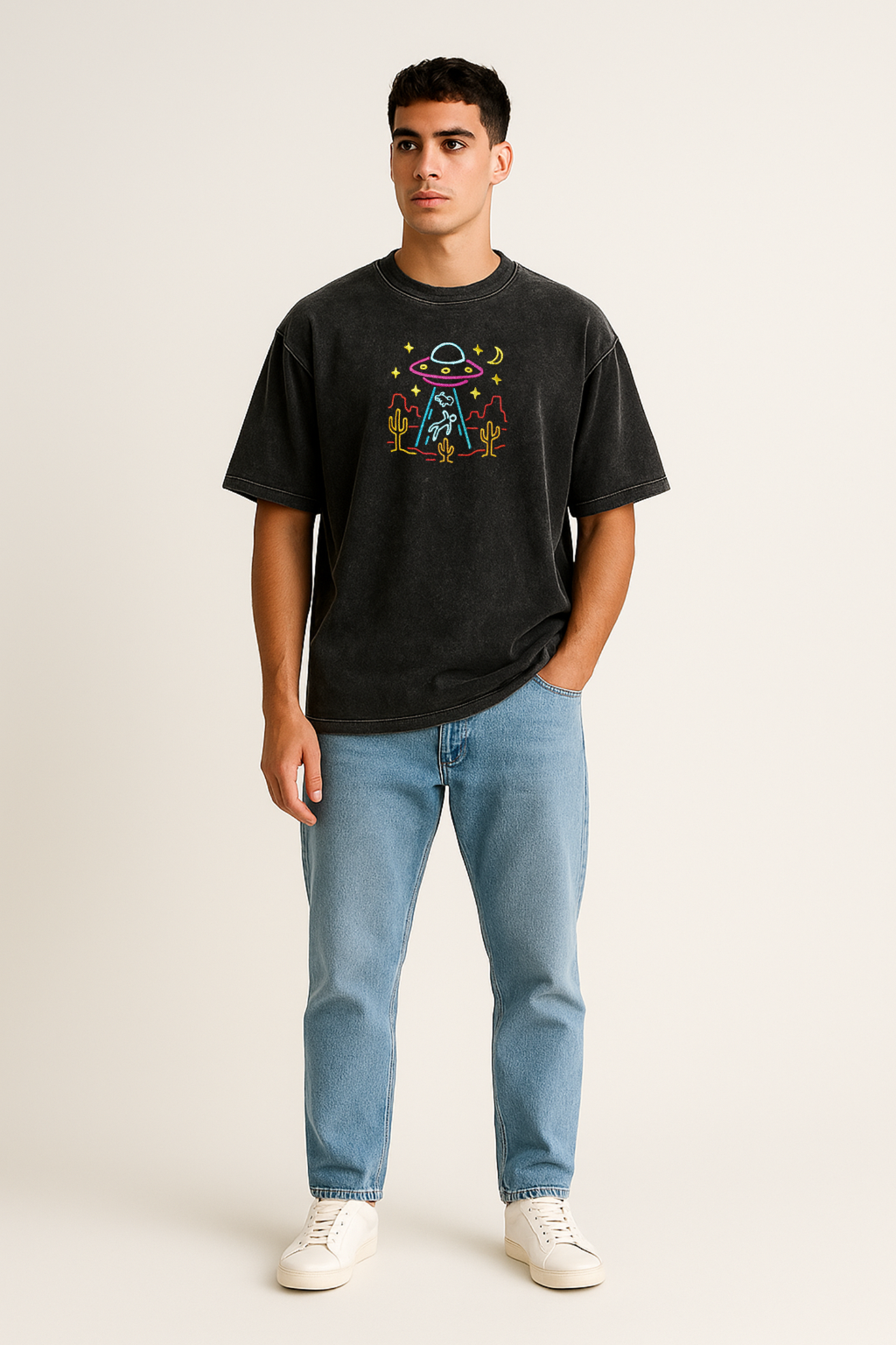 Unisex UFO Alien Abduction Embroidered Y2K Oversized T-Shirt 100% Cotton Acid-Wash Black
