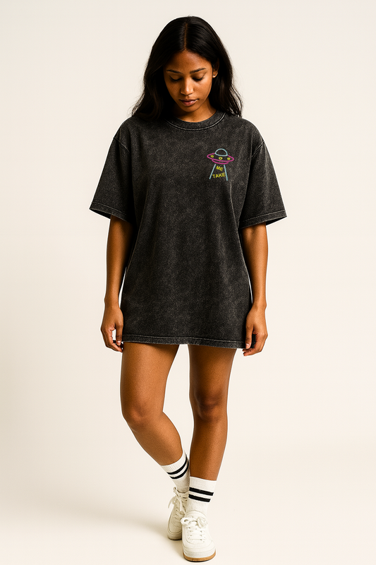 Mini UFO Chest Embroidered Unisex Y2K Oversized Acid-Wash Black