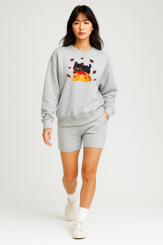 Black Cat Kawaii Pumpkin Embroidered Ash Light Grey Sweatshirt, Fall Fleece