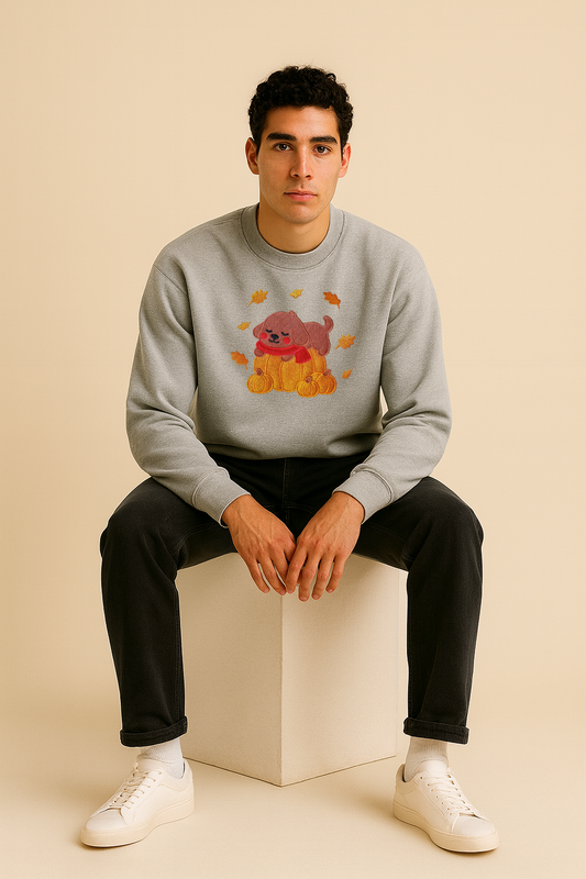 Cozy unisex Fall Pumpkin Dog Embroidered Ash Light Grey Sweatshirt, Aesthetic Fleece