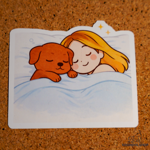 Sleeping Together Sticker - Pretty Cute Cozy Warm Bedtime | Soondol & Me Hygge Dog Sticker 3x3