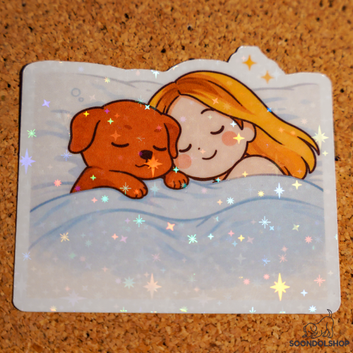 Sleeping Together Sticker - Pretty Cute Cozy Warm Bedtime | Soondol & Me Hygge Dog Sticker 3x3
