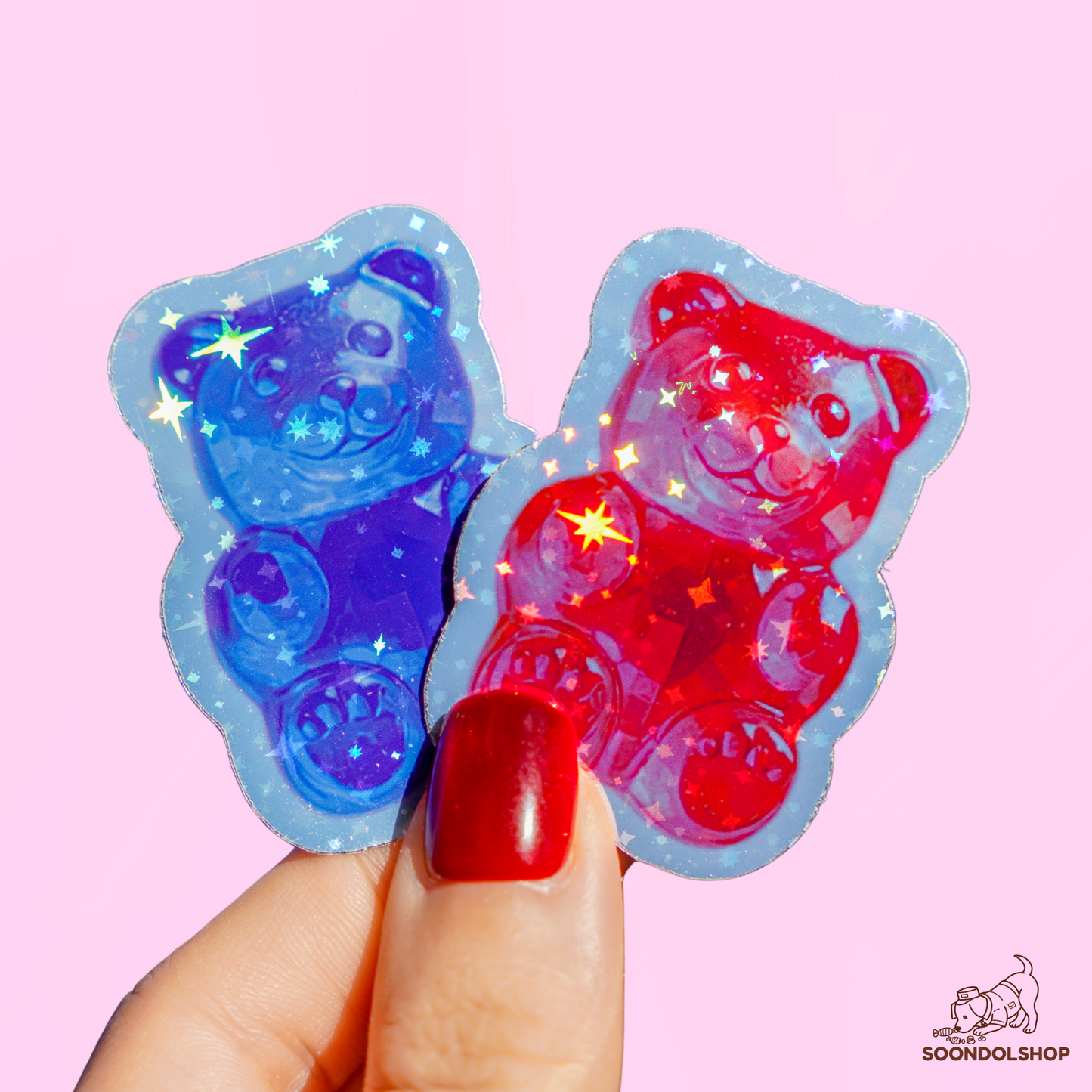 Kawaii Gummy Bear Die Cut Sticker Pack - Random Holographic Star Dots Rainbow Gems