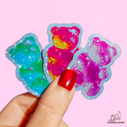 Kawaii Gummy Bear Die Cut Sticker Pack - Random Holographic Star Dots Rainbow Gems