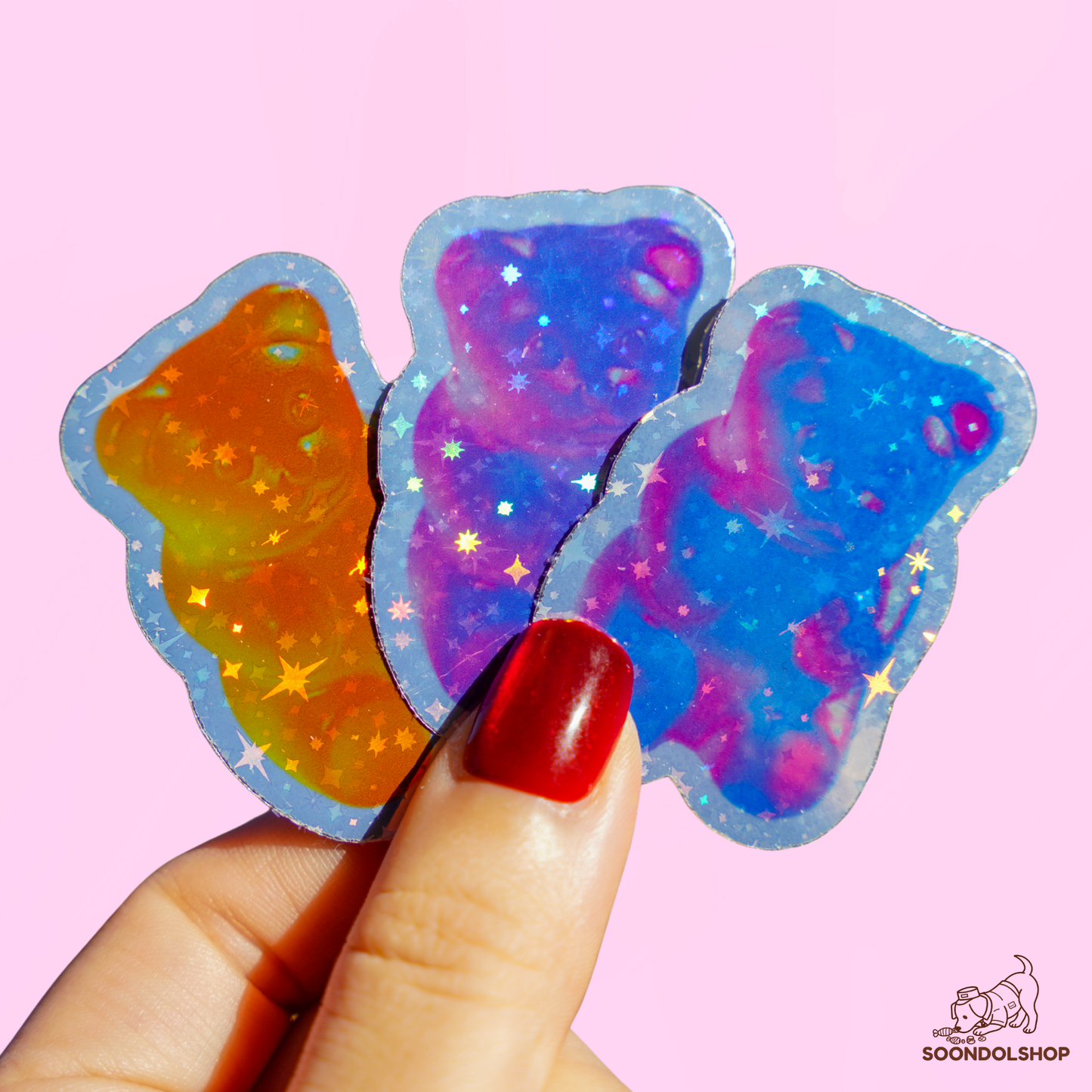 Kawaii Gummy Bear Die Cut Sticker Pack - Random Holographic Star Dots Rainbow Gems