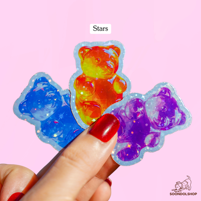 Kawaii Gummy Bear Die Cut Sticker Pack - Random Holographic Star Dots Rainbow Gems