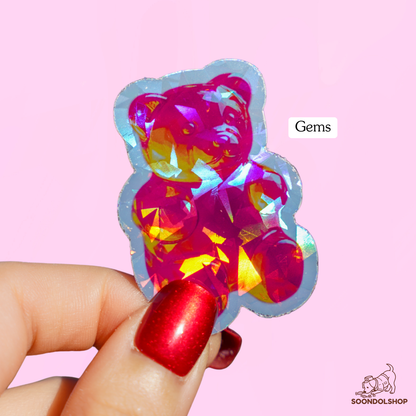 Kawaii Gummy Bear Die Cut Sticker Pack - Random Holographic Star Dots Rainbow Gems