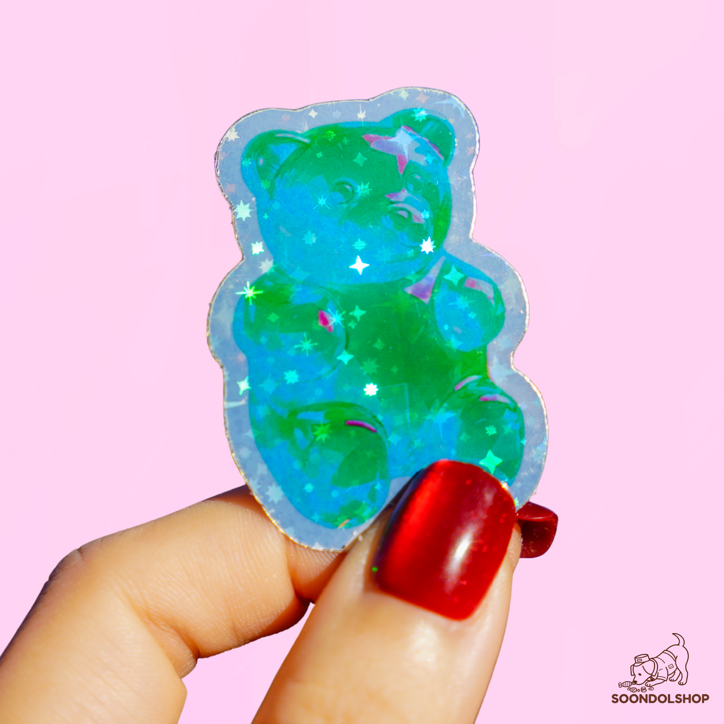 Kawaii Gummy Bear Die Cut Sticker Pack - Random Holographic Star Dots Rainbow Gems