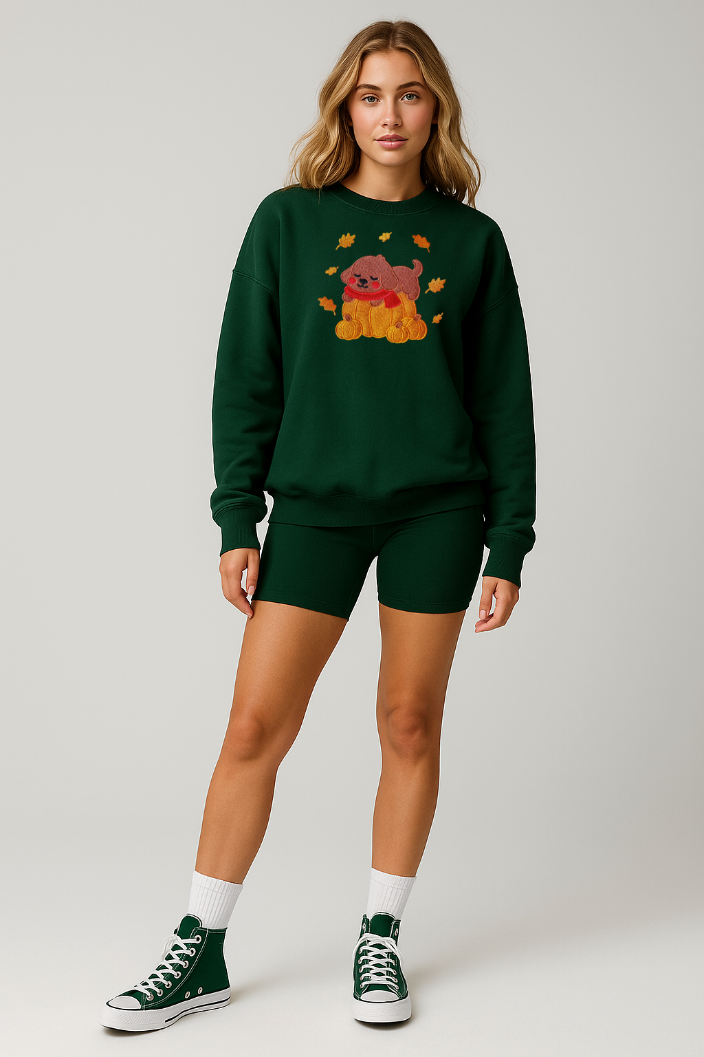 Cozy Fall Pumpkin Dog Embroidered Forest Green Sweatshirt, Aesthetic Fleece