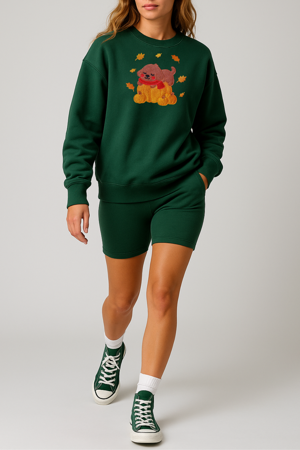 Cozy Fall Pumpkin Dog Embroidered Forest Green Sweatshirt, Aesthetic Fleece