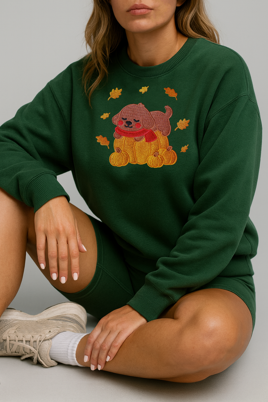 Cozy Fall Pumpkin Dog Embroidered Forest Green Sweatshirt, Aesthetic Fleece
