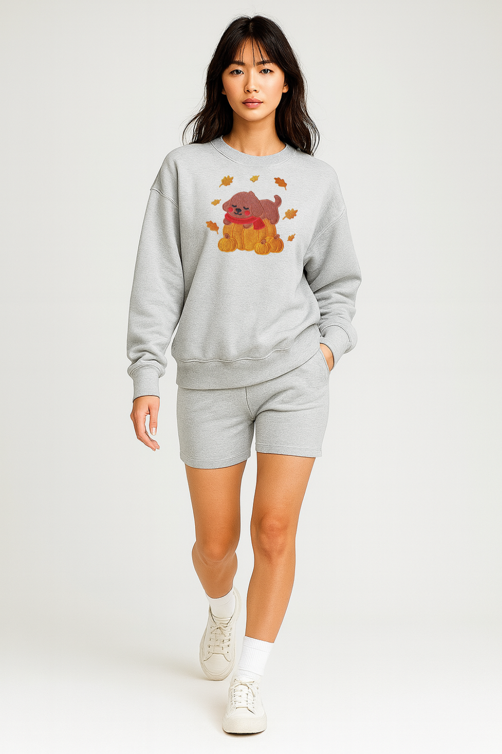 Cozy unisex Fall Pumpkin Dog Embroidered Ash Light Grey Sweatshirt, Aesthetic Fleece