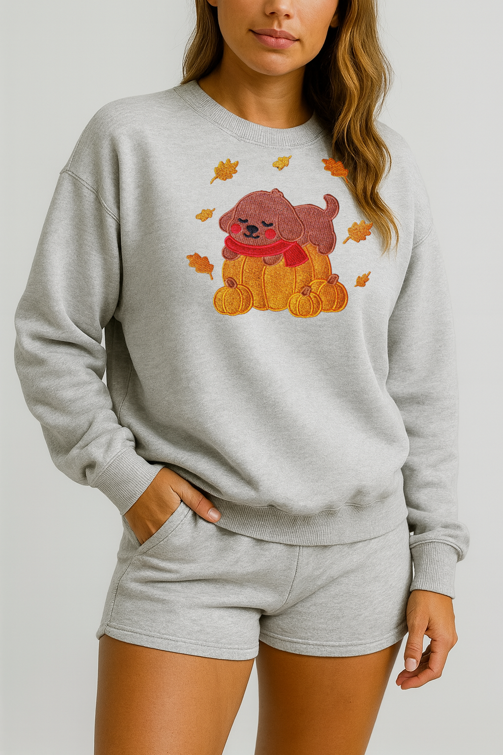 Cozy unisex Fall Pumpkin Dog Embroidered Ash Light Grey Sweatshirt, Aesthetic Fleece