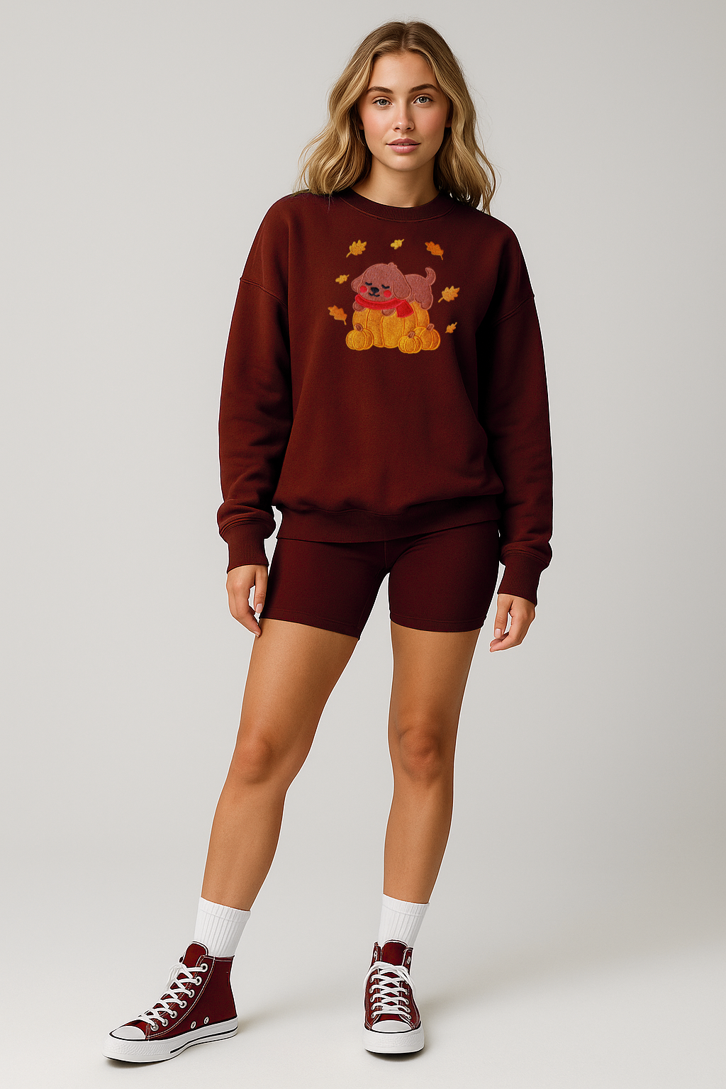 Cozy Fall Pumpkin Dog Embroidered Maroon Sweatshirt, Aesthetic Fleece