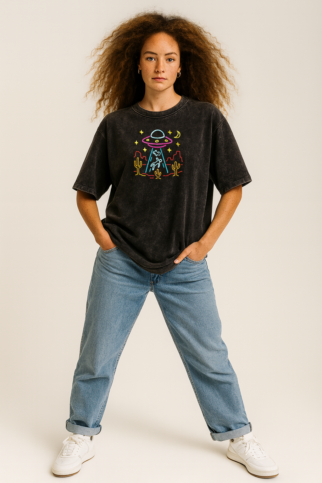 Unisex UFO Alien Abduction Embroidered Y2K Oversized T-Shirt 100% Cotton Acid-Wash Black