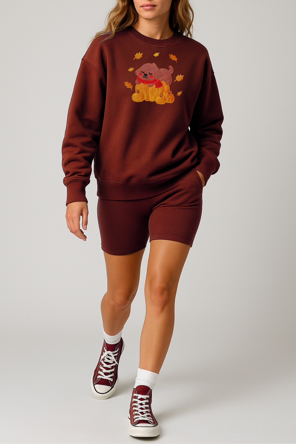 Cozy Fall Pumpkin Dog Embroidered Maroon Sweatshirt, Aesthetic Fleece