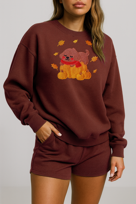 Cozy Fall Pumpkin Dog Embroidered Maroon Sweatshirt, Aesthetic Fleece