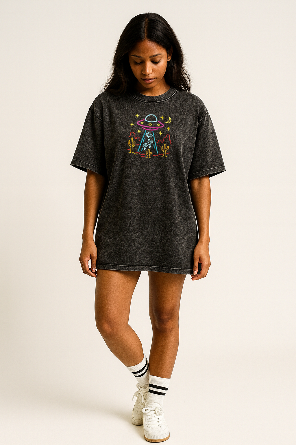 Unisex UFO Alien Abduction Embroidered Y2K Oversized T-Shirt 100% Cotton Acid-Wash Black