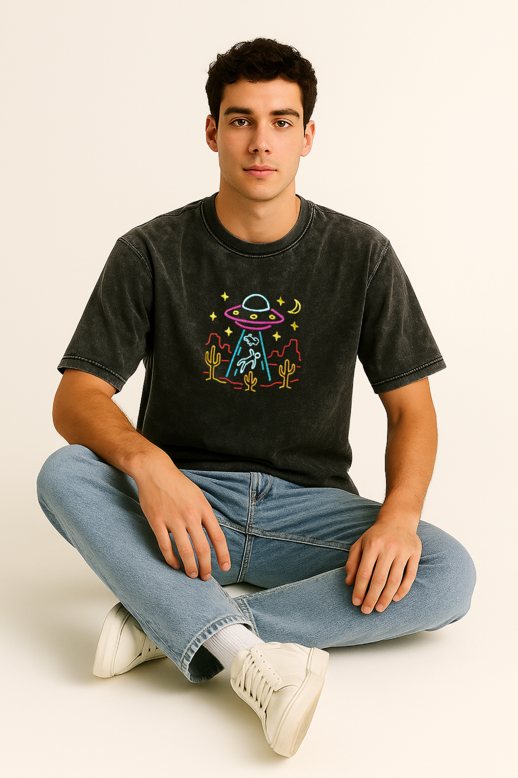 Unisex UFO Alien Abduction Embroidered Y2K Oversized T-Shirt 100% Cotton Acid-Wash Black