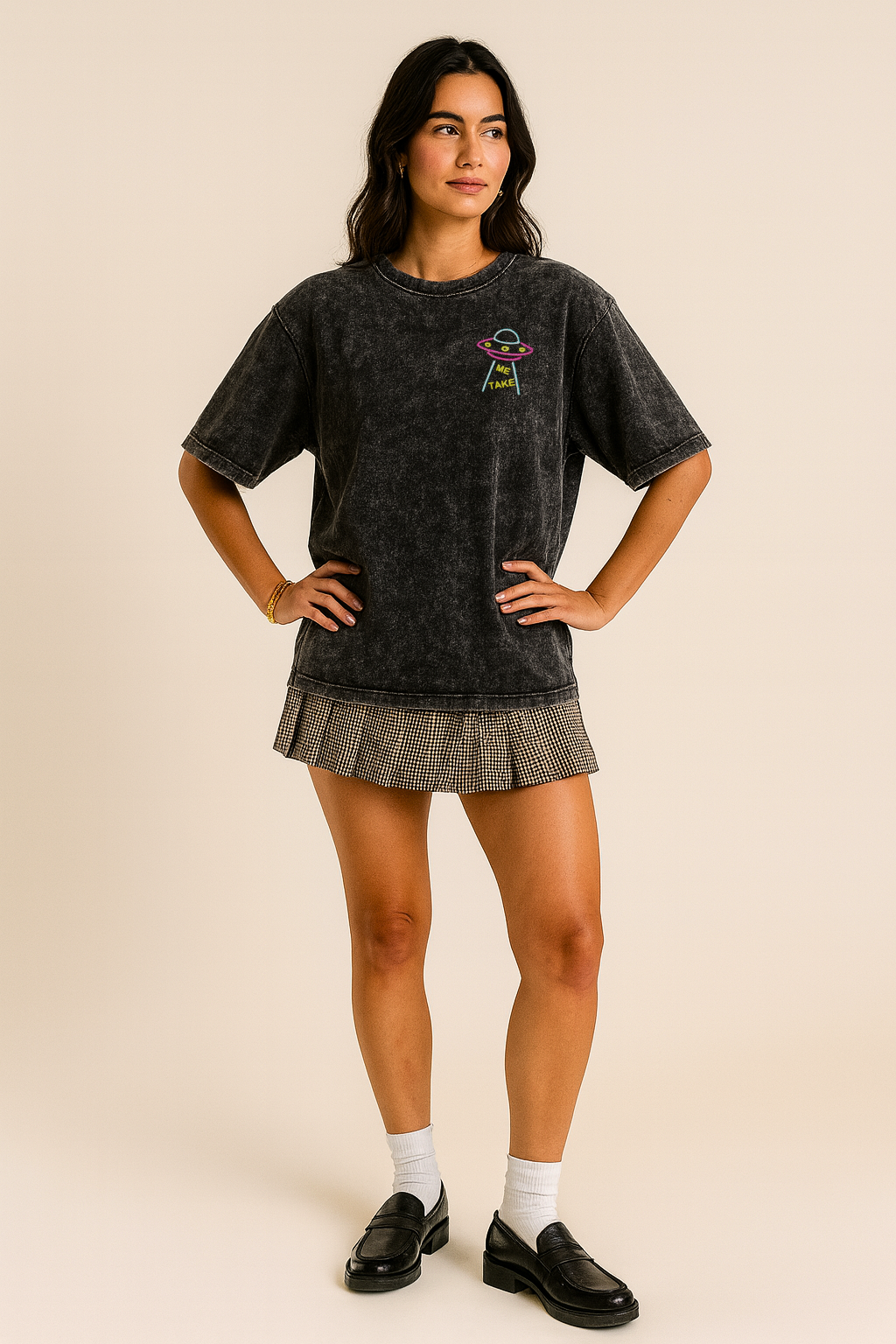 Mini UFO Chest Embroidered Unisex Y2K Oversized Acid-Wash Black