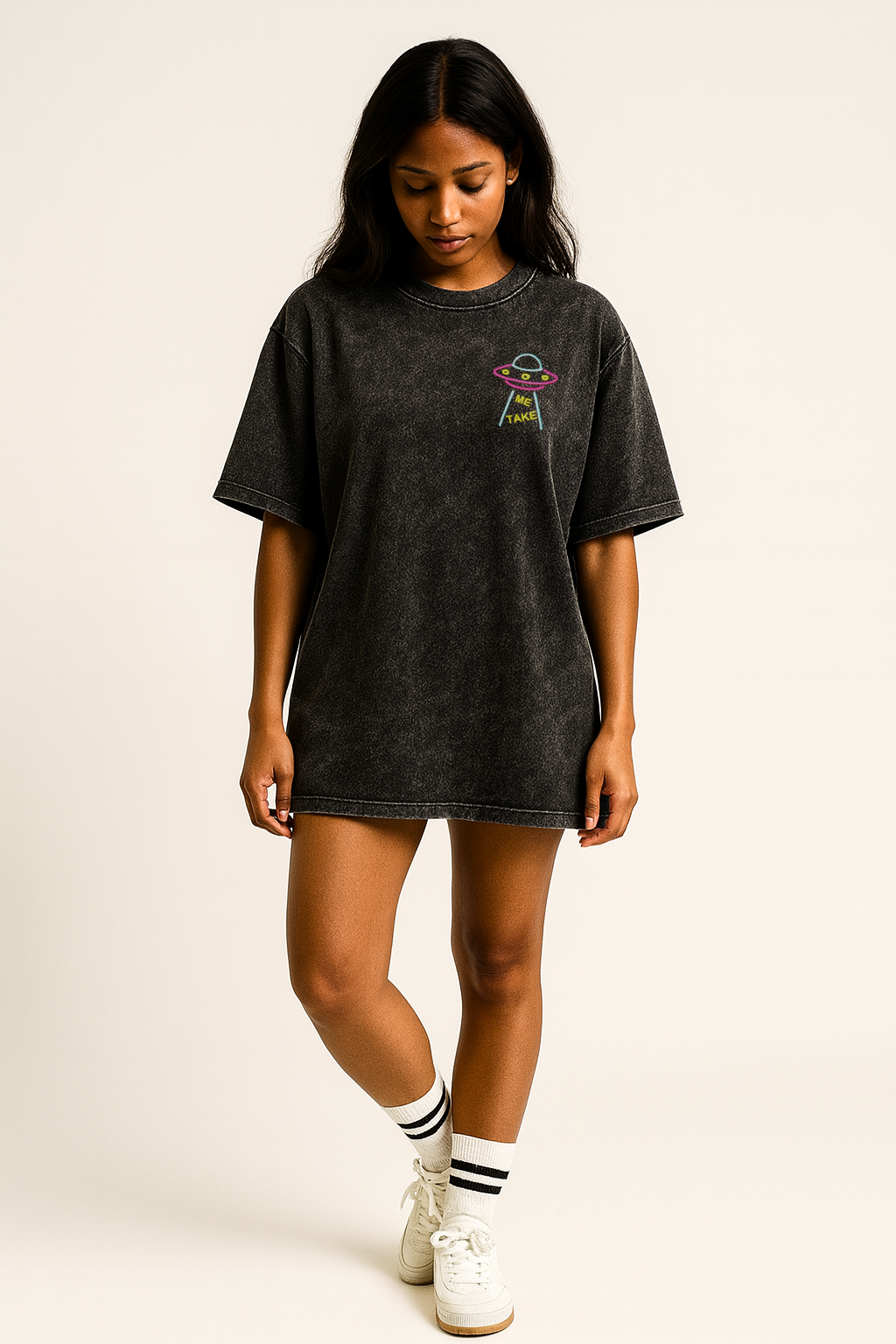 Mini UFO Chest Embroidered Unisex Y2K Oversized Acid-Wash Black