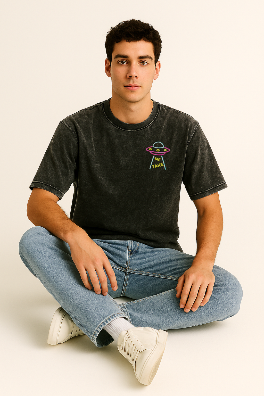 Mini UFO Chest Embroidered Unisex Y2K Oversized Acid-Wash Black