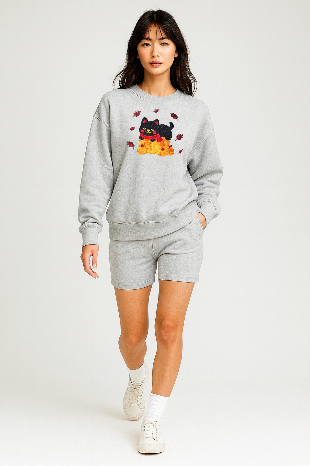 Black Cat Kawaii Pumpkin Embroidered Ash Light Grey Sweatshirt, Fall Fleece