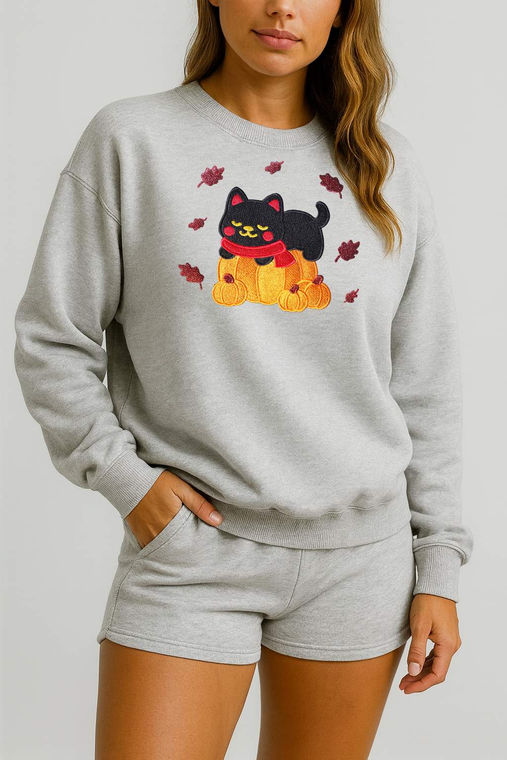 Black Cat Kawaii Pumpkin Embroidered Ash Light Grey Sweatshirt, Fall Fleece