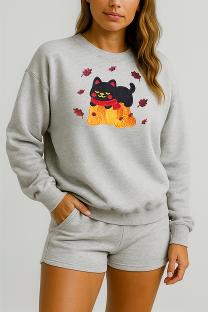 Black Cat Kawaii Pumpkin Embroidered Ash Light Grey Sweatshirt, Fall Fleece