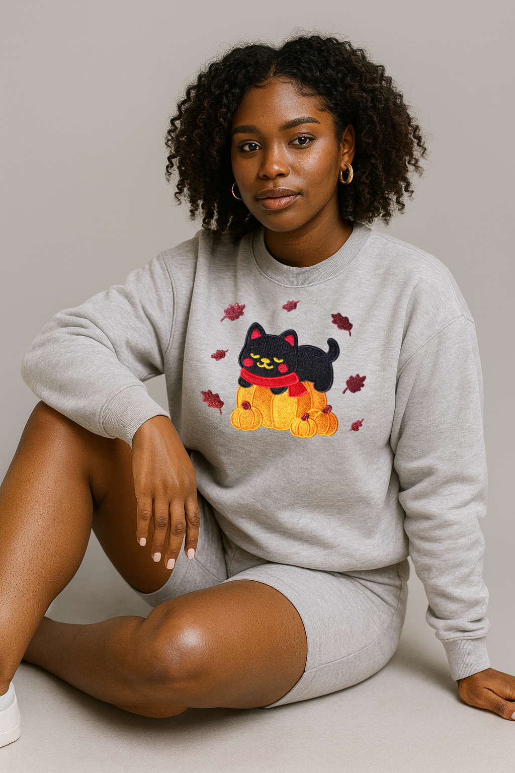 Black Cat Kawaii Pumpkin Embroidered Ash Light Grey Sweatshirt, Fall Fleece