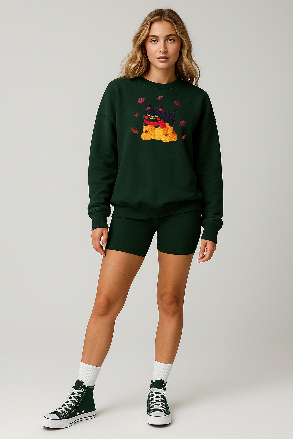 Black Cat Kawaii Pumpkin Embroidered Forest Pine Green Sweatshirt, Fall Fleece