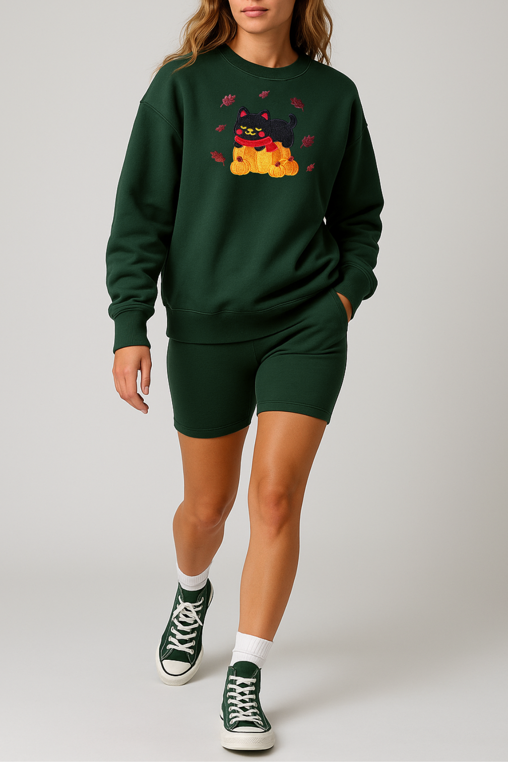 Black Cat Kawaii Pumpkin Embroidered Forest Pine Green Sweatshirt, Fall Fleece
