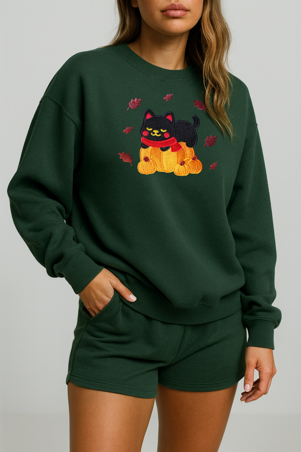 Black Cat Kawaii Pumpkin Embroidered Forest Pine Green Sweatshirt, Fall Fleece