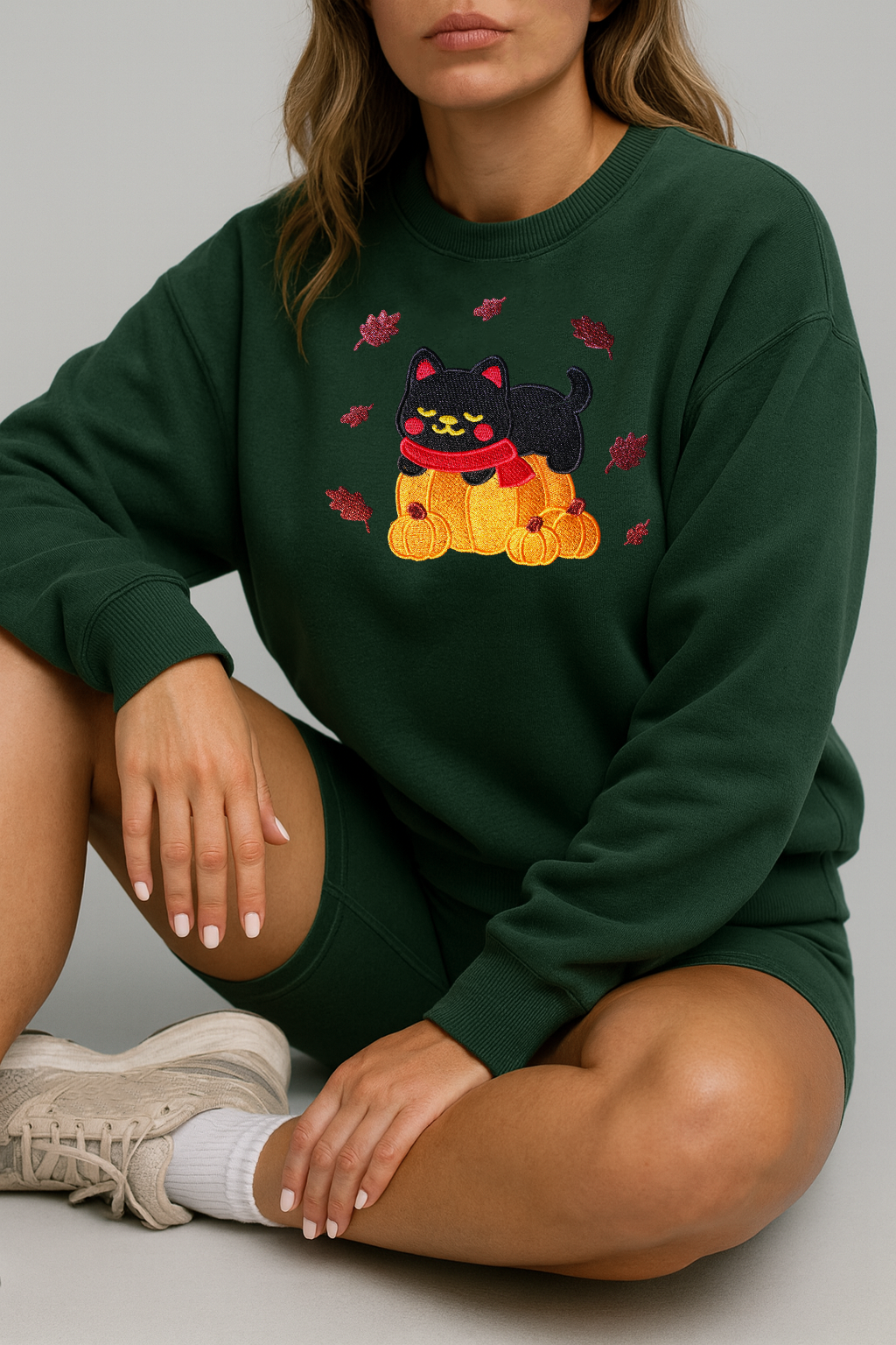Black Cat Kawaii Pumpkin Embroidered Forest Pine Green Sweatshirt, Fall Fleece