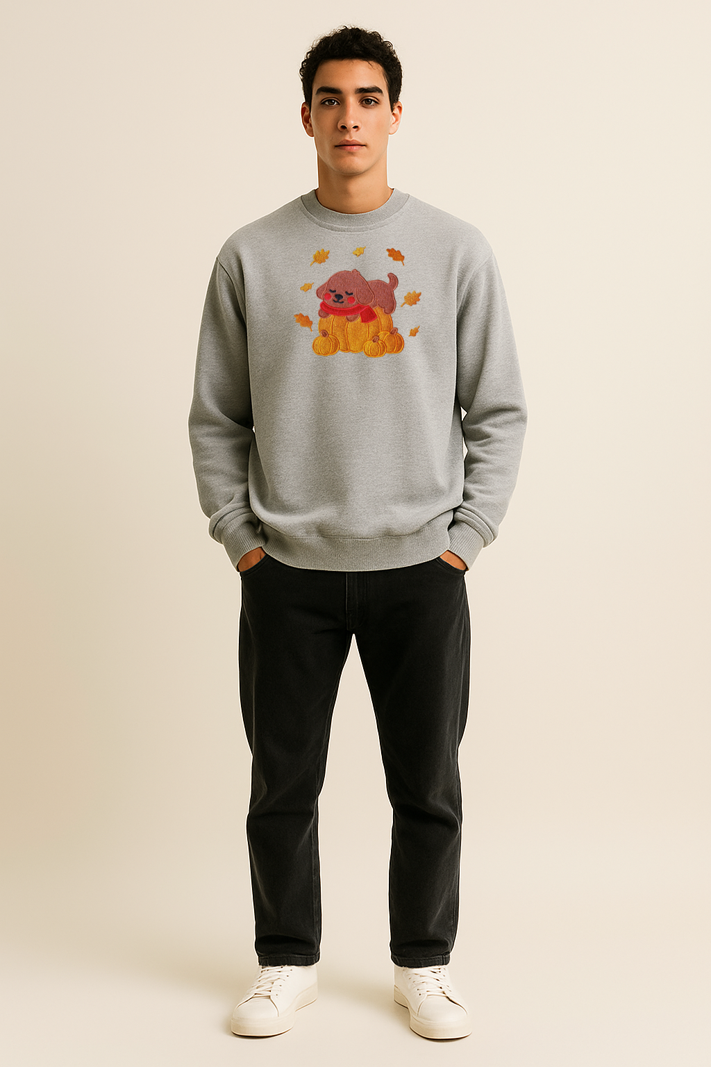 Cozy unisex Fall Pumpkin Dog Embroidered Ash Light Grey Sweatshirt, Aesthetic Fleece
