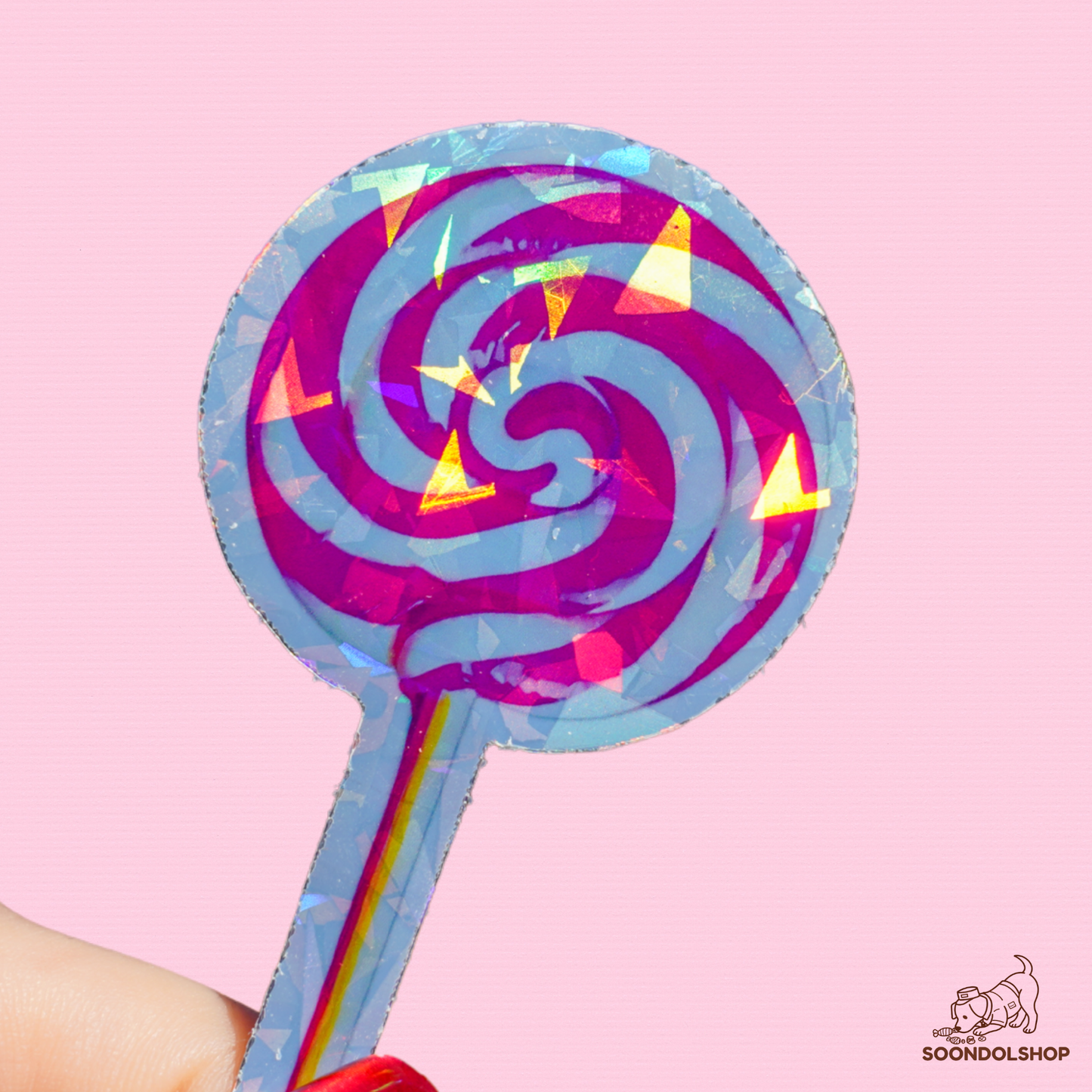Swirling Lollipop Sticker - Soondol's Candyland Die-Cut 3x1.75 Inch Holographic