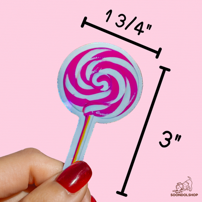 Swirling Lollipop Sticker - Soondol's Candyland Die-Cut 3x1.75 Inch Holographic