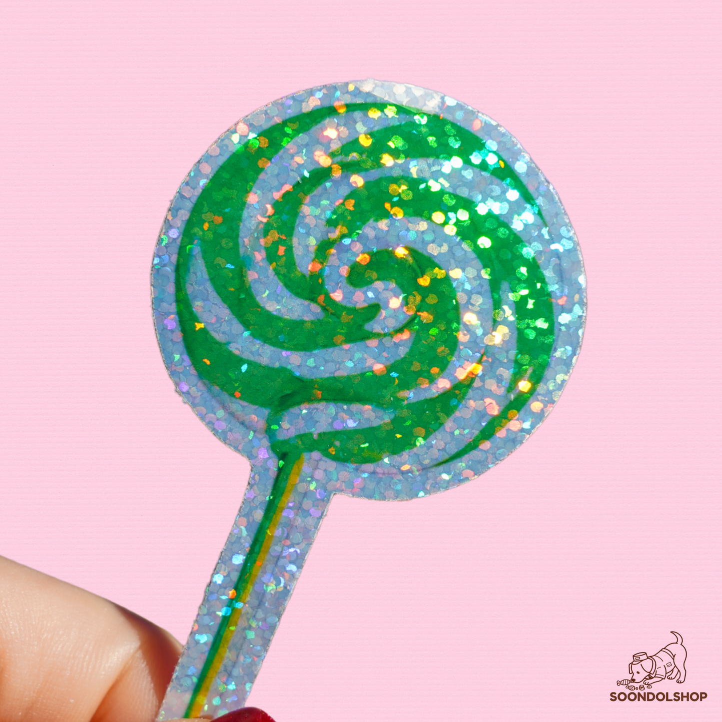 Swirling Lollipop Sticker - Soondol's Candyland Die-Cut 3x1.75 Inch Holographic