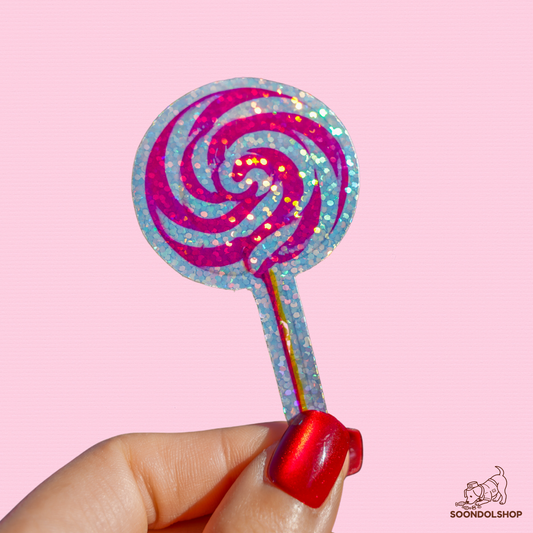 Swirling Lollipop Sticker - Soondol's Candyland Die-Cut 3x1.75 Inch Holographic