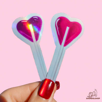 Heart Lollipop Sticker - Soondol's Candyland Die-Cut 3x1.75 Inch Holographic