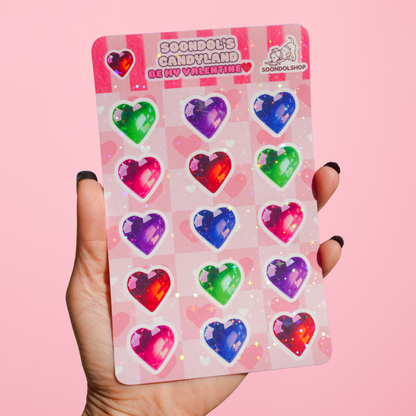 Valentine Gummy Heart Stickers - Soondol's Candyland Holographic Waterproof Sticker Sheet 4.25x6.75
