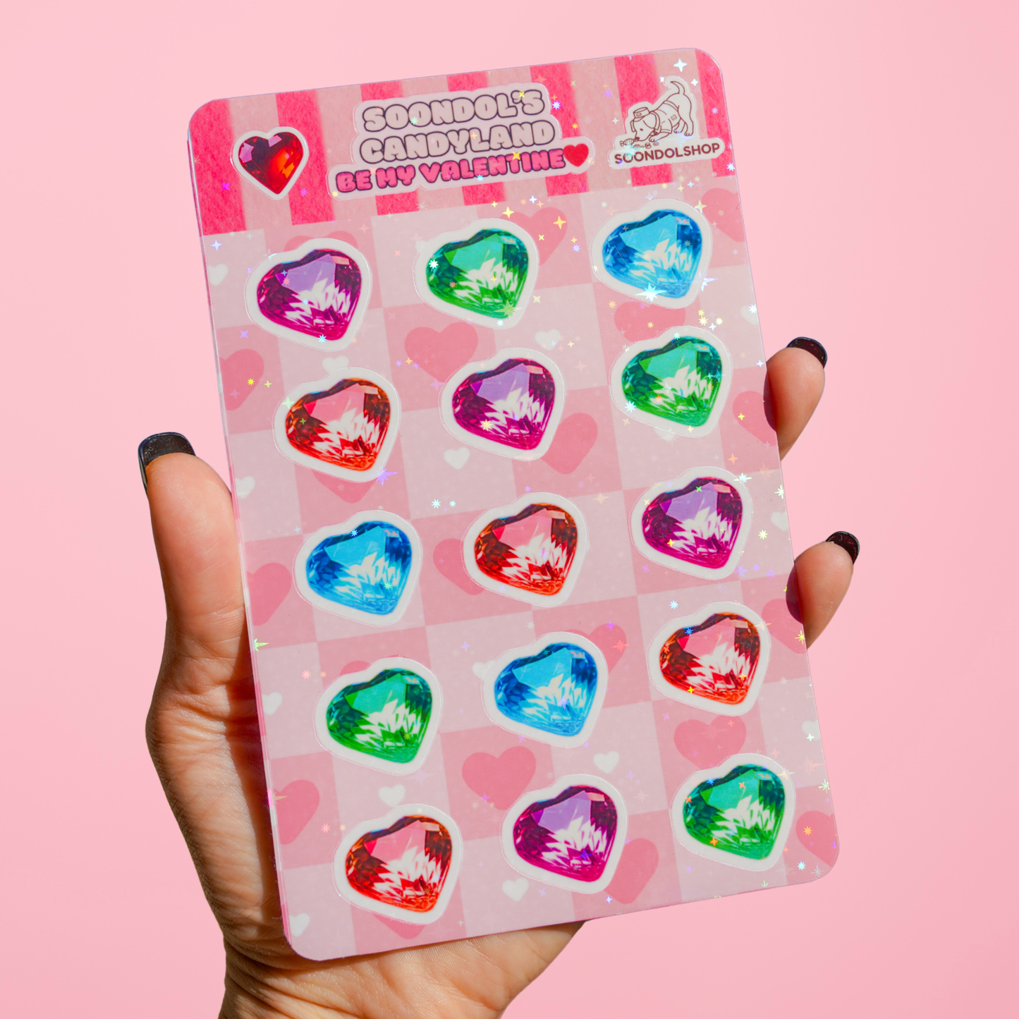 Valentine Crystal Heart Stickers - Soondol's Candyland Holographic Waterproof Sticker Sheet 4.25x6.75