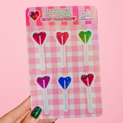 Valentine Heart Lollipop Stickers - Soondol's Candyland Holographic Waterproof Sticker Sheet 4.25x6.75
