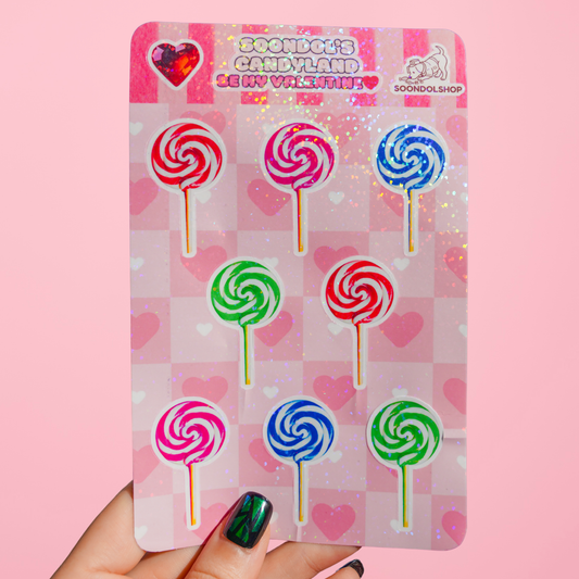 Valentine Lollipop Stickers - Soondol's Candyland Holographic Waterproof Sticker Sheet 4.25x6.75