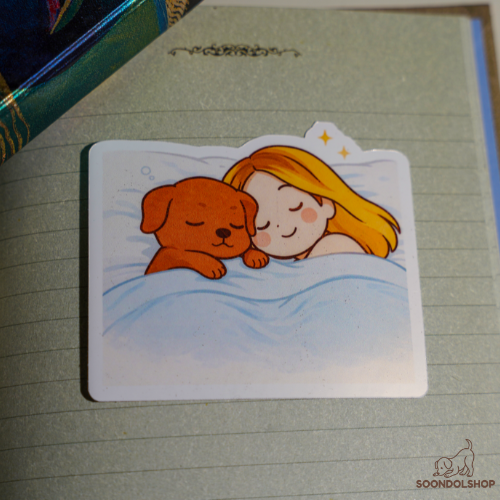 Sleeping Together Sticker - Pretty Cute Cozy Warm Bedtime | Soondol & Me Hygge Dog Sticker 3x3