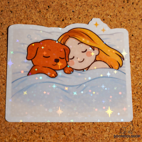 Sleeping Together Sticker - Pretty Cute Cozy Warm Bedtime | Soondol & Me Hygge Dog Sticker 3x3
