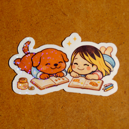 Journaling Together Sticker - Pretty Cute Study Reading | Soondol & Me Cozy Dog Sticker 3x3